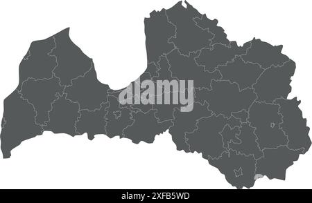 Mappa vettoriale regionale in bianco della Lettonia con città e comuni statali e divisioni amministrative. Livelli modificabili ed etichettati in modo chiaro. Illustrazione Vettoriale