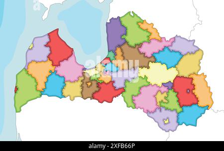 Vettoriale ha illustrato la mappa regionale in bianco della Lettonia con città statali e comuni e divisioni amministrative, nonché i paesi vicini e terr Illustrazione Vettoriale