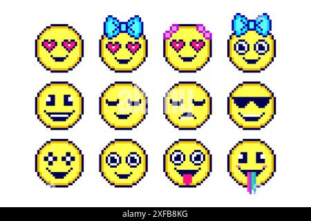 Set di emoticon in stile pixel art Illustrazione Vettoriale