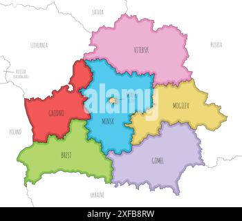 Mappa vettoriale illustrata della Bielorussia con regioni o oblast e divisioni amministrative e paesi vicini. Livello modificabile e chiaramente etichettato Illustrazione Vettoriale