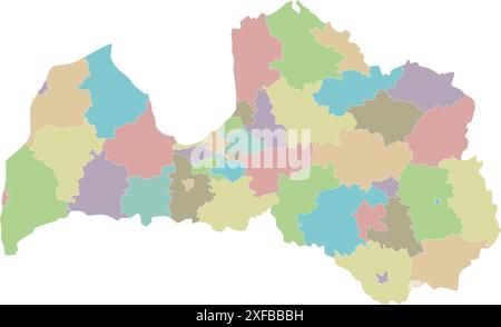 Mappa vettoriale regionale in bianco della Lettonia con città e comuni statali e divisioni amministrative. Livelli modificabili ed etichettati in modo chiaro. Illustrazione Vettoriale