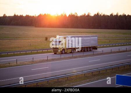 Il conducente di un veicolo su un trattore con semirimorchio inclinabile trasporta il carico sullo sfondo di una foresta e di un tramonto di sera in estate. L'abisso Foto Stock