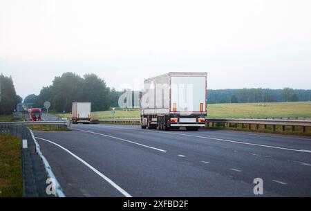 Un convoglio di semirimorchi trasporta merci al mattino durante la nebbia. Auto con fari accesi sulla strada. Sostituzione delle importazioni, trasporto merci Foto Stock