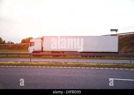 Un veicolo moderno con un semirimorchio refrigerato trasporta merci a temperatura controllata e prodotti floreali in un altro paese sullo sfondo di Foto Stock