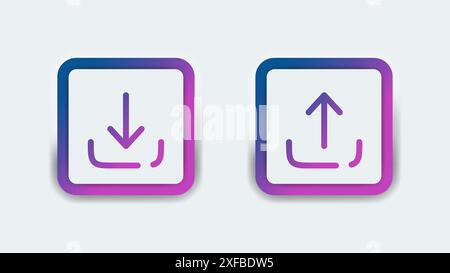 Pulsante di download e caricamento design neumorfico. Interfaccia utente futuristica morbida con semplici elementi a forma di freccia. Risorsa da utilizzare per il Web e l'app mobile Illustrazione Vettoriale