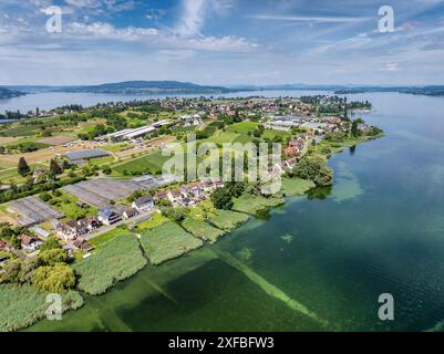 Vista aerea dell'isola di Reichenau vista da nord, all'orizzonte la penisola di Hoeri, le montagne di Hegau e la penisola di Mettnau vicino Foto Stock