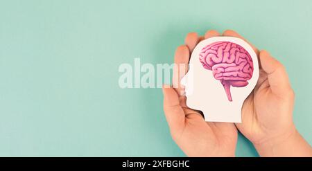 Tenere un cervello nelle mani, morbo di Parkinson, malattia di Alzheimer, disturbo mentale demenza, problemi di psicologia, adhd, trombosi venosa cerebrale Foto Stock