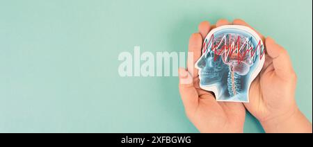 Epilessia, cervello con convulsioni, EEG, attività elettrica della mente, consapevolezza di alzheimer, diagnosi di demenza, morbo di Parkinson, disturbo di perdita di memoria Foto Stock