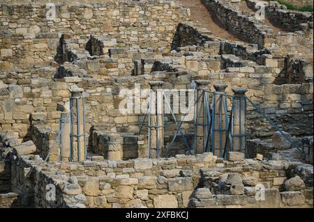 Rovine storiche con diverse colonne e mura in pietra, sito archeologico, casa nell'atrio, Kamiros, sito archeologico, città antica, fondazione di Foto Stock