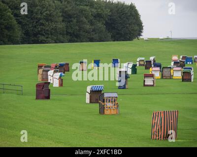 Varie sdraio colorate su un prato verde vicino a una foresta, cuxhaven, germania Foto Stock