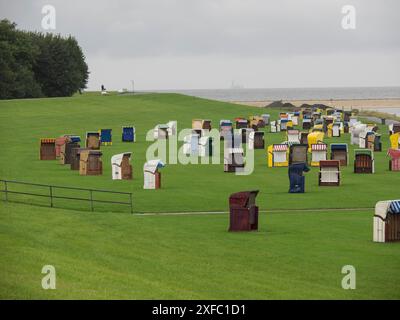 Sedie da spiaggia colorate su un prato verde di fronte a uno sfondo boscoso, cuxhaven, germania Foto Stock