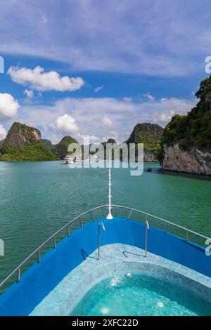 Splendido paesaggio di torreggianti isole calcaree, calcare carsico, con acqua smeraldo nella baia di ha Long, Vietnam del Nord, Asia a giugno Foto Stock