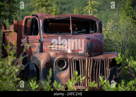 Vecchio camion d'epoca arrugginito, annidato nella natura selvaggia con sfondo montano estivo. Preso nel territorio dello Yukon, Canada Foto Stock