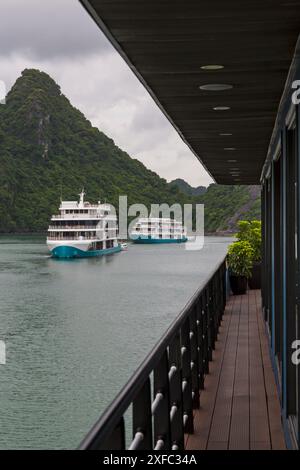 Navi da crociera crociera crociera nella baia di ha Long con barche da crociera nella baia, Vietnam del Nord, Asia a giugno - Capella Cruise, Sapphire Cruise Foto Stock