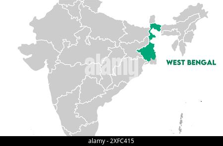 West Bengal Map on focused s1, Stato dell'India, Repubblica dell'India, governo, mappa politica, mappa moderna, bandiera indiana, illustrazione vettoriale Illustrazione Vettoriale