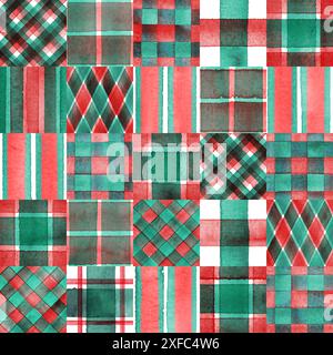 Motivo a quadri con strisce acquerello. Sfondo rosso e verde patchwork natalizio. Trama a strisce disegnata a mano con acquerello. Stampare per il design in tessuto Foto Stock