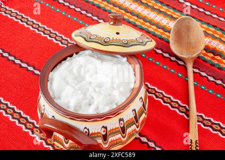 Yogurt bulgaro tradizionale a base di latte di pecora o di mucca e lievito naturale. Messa a fuoco selettiva con profondità di campo ridotta. Foto Stock