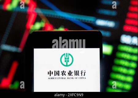 Cina. 21 giugno 2024. In questa illustrazione fotografica, il logo della società bancaria cinese Agricultural Bank of China visualizzato su uno smartphone con un grafico dell'indice di borsa economica sullo sfondo. (Credit Image: © Budrul Chukrut/SOPA Images via ZUMA Press Wire) SOLO PER USO EDITORIALE! Non per USO commerciale! Foto Stock