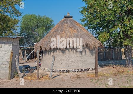 Tipica capanna rotonda di fango in un villaggio nel delta dell'Okavango in Botswana Foto Stock