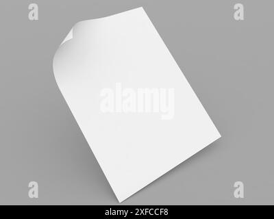 Foglio di carta A4 con bordo arricciato su sfondo grigio. illustrazione di rendering 3d. Foto Stock