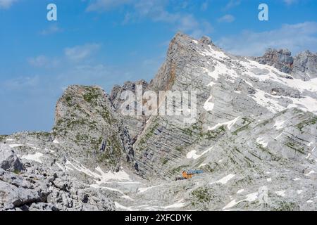 Steinernes Meer: cima Breithorn, rifugio Riemannhaus nella catena montuosa Steinernes Meer a Pinzgau, Salisburgo, Austria Foto Stock