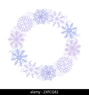 Fiocchi di neve, struttura tonda della corona, cristalli blu di ghiaccio lilla. Simbolo dell'inverno, clima freddo. Capodanno e cartolina natalizia. Acquerello disegnato a mano Foto Stock