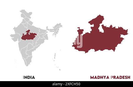 Madhya Pradesh Map1, Stato dell'India, Repubblica dell'India, governo, mappa politica, mappa moderna, bandiera indiana, illustrazione vettoriale Illustrazione Vettoriale