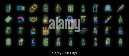 Le icone dei farmaci antivirali definiscono il vettore del contorno. Siringa COVID. Il colore del neon della droga del corona sul nero Illustrazione Vettoriale