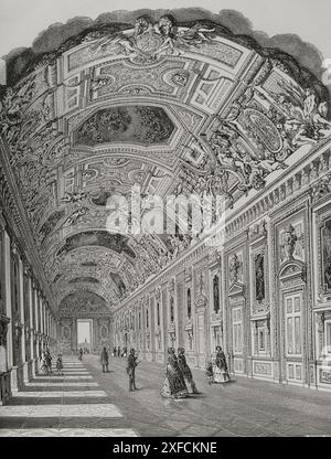 Parigi, Francia. Palazzo del Louvre. L'Apollo Gallery. Incisione di A. Gusmand. "Los Héroes y las Grandezas de la Tierra" (gli eroi e i magnifici della Terra). Volume VIII. 1856. Foto Stock