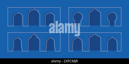 Linea parete araba con porta, forme ad arco. Contorno con motivo orientale. Elementi vettoriali con edifici cittadini. Illustrazione Vettoriale