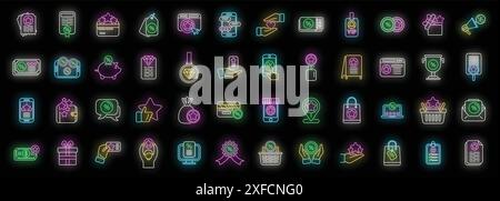 Le icone del programma di fidelizzazione dei clienti definiscono il vettore del profilo. Membro del programma Rewards. Colore neon del sistema su nero Illustrazione Vettoriale