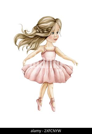 Ballerina danzante con acquerello in abito rosa e capelli biondi. Balletto classico disegnato a mano, posa. Giovane ballerina bambino illustrazione isolato Foto Stock