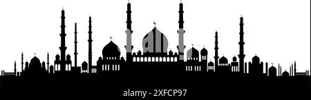 Moschea di architettura araba con silhouette nera. Tetto della moschea, panorama della città islamica e sagome dello skyline minareto per le festività islamiche Ramadan, Eid Illustrazione Vettoriale