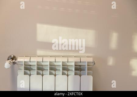 La calda luce del sole filtra attraverso una finestra, proiettando ombre morbide su una parete sopra un radiatore bianco, creando un'atmosfera interna serena e accogliente. Foto Stock