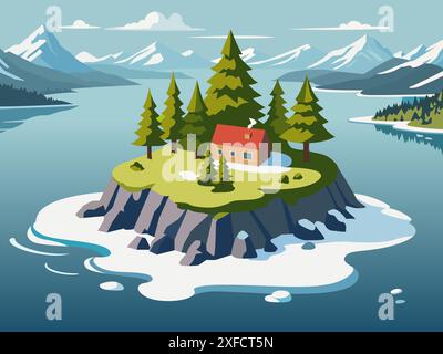 Freddo paesaggio dell'isola dei cartoni animati. Natura del nord, selvaggina, ghiaccio, rocce, montagne innevate, casetta con vista sugli alberi, sfondo artico Illustrazione Vettoriale