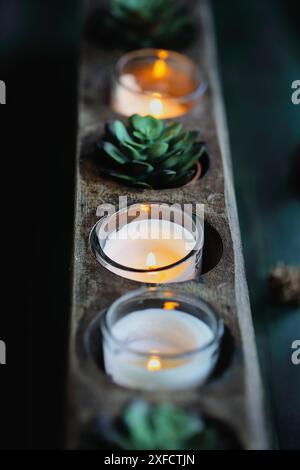 Antica muffa in legno utilizzata per decorare in autunno candele in fiamme e piccole piante succulente per decorare la tavola del giorno del Ringraziamento. Foto Stock