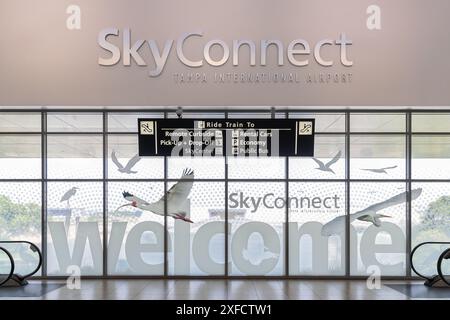 SkyConnect, all'interno dell'aeroporto internazionale di Tampa, è il personale dell'aeroporto che si collega ai parcheggi e ai veicoli a noleggio. Foto Stock