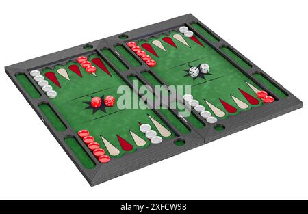 Gioco da tavolo backgammon aperto, rendering 3D isolato su sfondo bianco Foto Stock