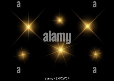Luci scintillanti dorate, luci lampeggianti, effetti luminosi, luce parassita della lente solare, fasci di raggi luminosi, stelle brillanti su sfondo nero. Illustrazione Vettoriale