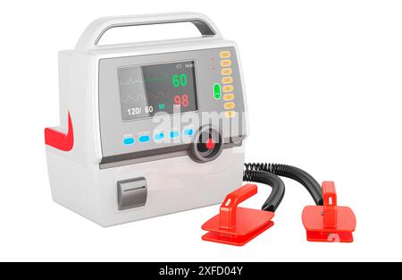 Defibrillatore semiautomatico esterno, AED. Rendering 3D isolato su sfondo bianco Foto Stock