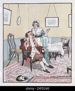 Incisione di una discussione tra una coppia sposata di mezza età nella loro sala da pranzo, di Randolph Caldecott, 1877-78, come illustrazione per il poema The Diverting History of John Gilpin Foto Stock