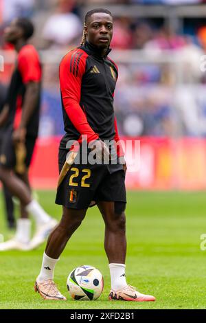 Dusseldorf, Germania. 1 luglio 2024. DUSSELDORF, GERMANIA - 1 LUGLIO: Jeremy Doku del Belgio durante la partita di UEFA EURO 2024 tra Francia e Belgio al Dusseldorf Arena il 1° luglio 2024 a Dusseldorf, Germania. (Foto di Joris Verwijst/Agenzia BSR) credito: Agenzia BSR/Alamy Live News Foto Stock