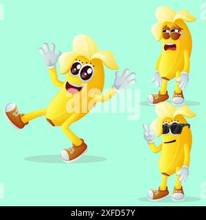 Set di simpatici personaggi di banana con volti emoticon. Perfetto per bambini, merchandising e adesivi, promozioni banner o blog Illustrazione Vettoriale