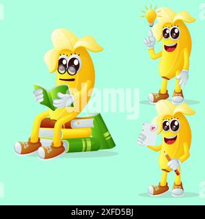 Set di simpatici personaggi di banana che sono intelligenti. Perfetto per bambini, merchandising e adesivi, promozioni banner o blog Illustrazione Vettoriale