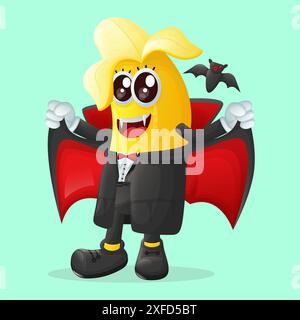 Carino personaggio di banana vestito da vampiro. Perfetto per bambini, merchandising e adesivi, promozioni banner o blog Illustrazione Vettoriale