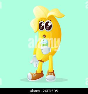 Simpatico personaggio di banana che beve un frullato verde. Perfetto per bambini, merchandising e adesivi, promozioni banner o blog Illustrazione Vettoriale