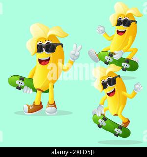 Set di simpatici personaggi di banana skateboard. Perfetto per bambini, merchandising e adesivi, promozioni banner o blog Illustrazione Vettoriale