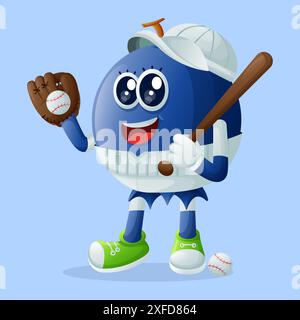 Simpatico personaggio di mirtillo che gioca a baseball. Perfetto per bambini, merchandising e adesivi, promozioni banner o blog Illustrazione Vettoriale