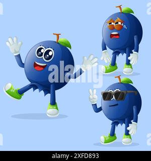 Set di simpatici personaggi di mirtilli con volti emoticon. Perfetto per bambini, merchandising e adesivi, promozioni banner o blog Illustrazione Vettoriale