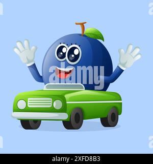Simpatici personaggi di mirtilli che giocano con un giocattolo per auto. Perfetto per bambini, merchandising e adesivi, promozioni banner o blog Illustrazione Vettoriale